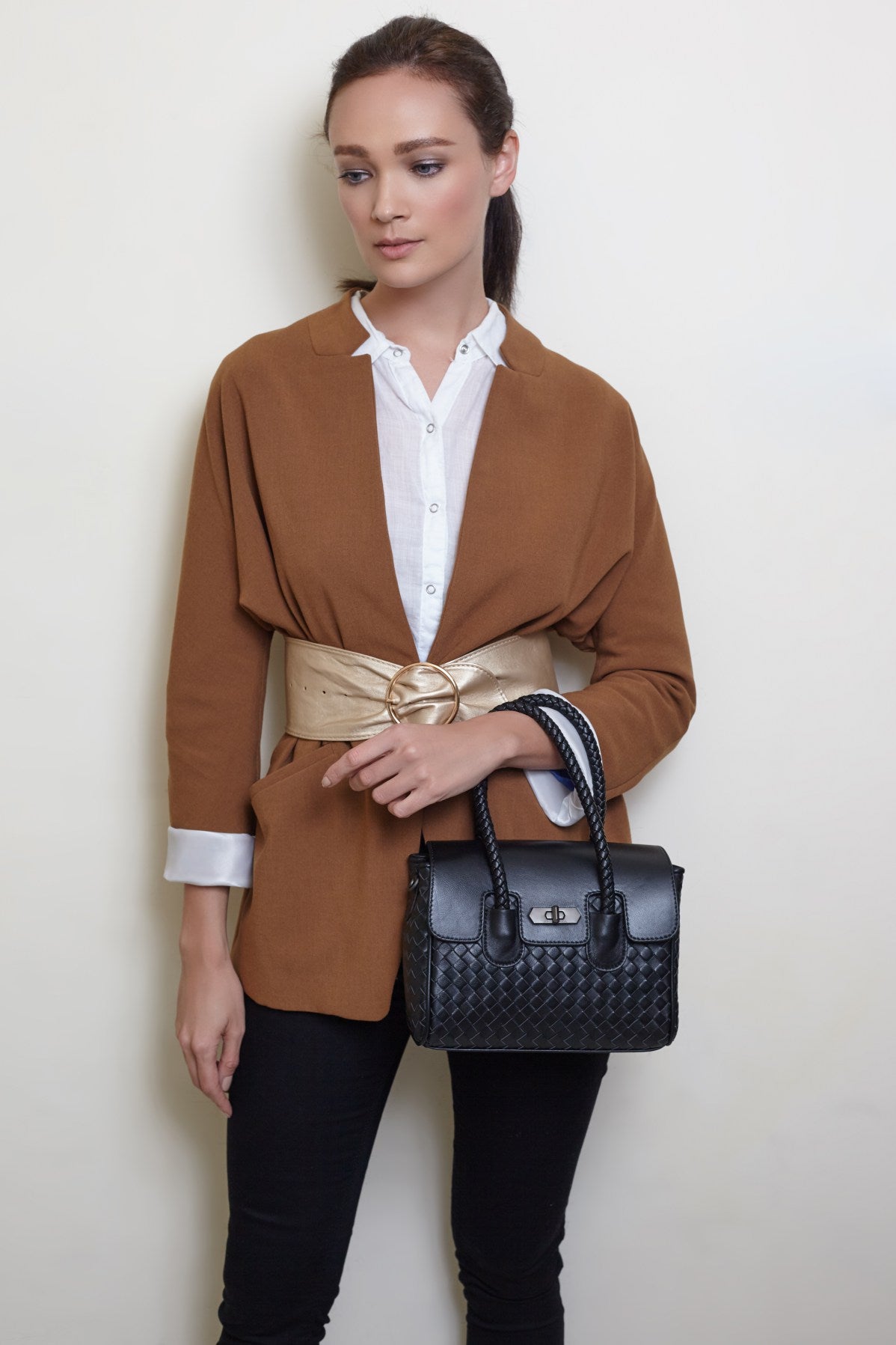 JOANmini Genuine Leather Top Handle / Sling Bag - BLACK